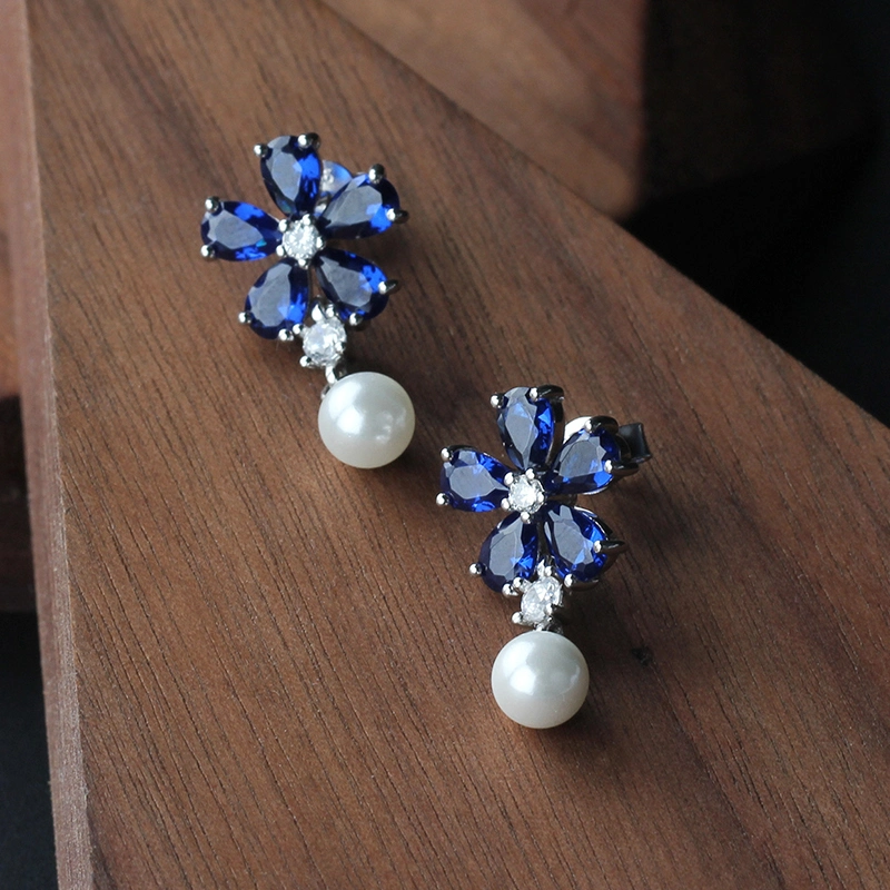 Beautiful Silver Jewelry Fancy Flower Pearl Earring Mixed with Sapphire CZ