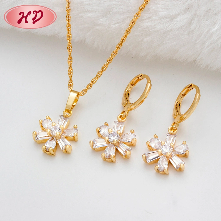 Women Fashion Jewelry 18K Rose Gold Plated Alloy Silver Pendant Chain Necklace with Crystal Pearl Earring Sets