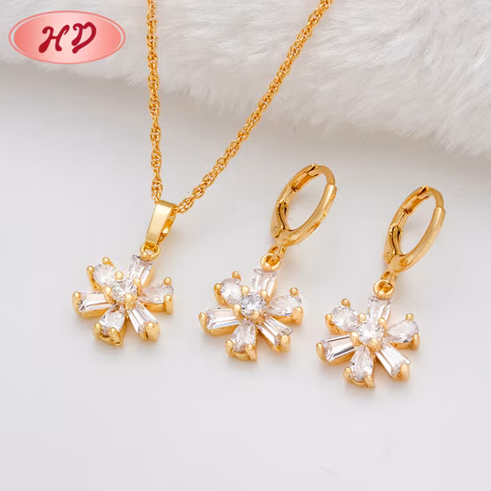 Women Fashion Jewelry 18K Rose Gold Plated Alloy Silver Pendant Chain Necklace with Crystal Pearl Earring Sets
