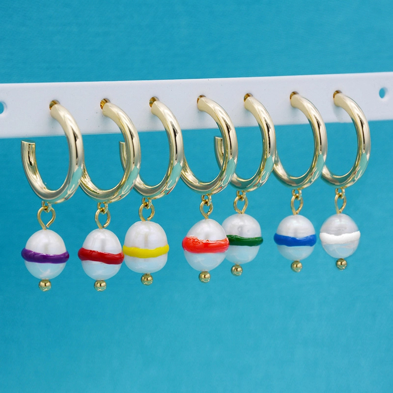 Lead&Nickle Free Colorful Enamel Women Jewelry 925 Sterling Silver Fine Pearl Charm Huggie Hoop Earrings
