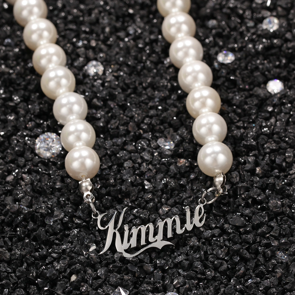 New Name Plate Charm Pearl Choker Chain Necklace Personalized Women Men Hip Hop Jewelry
