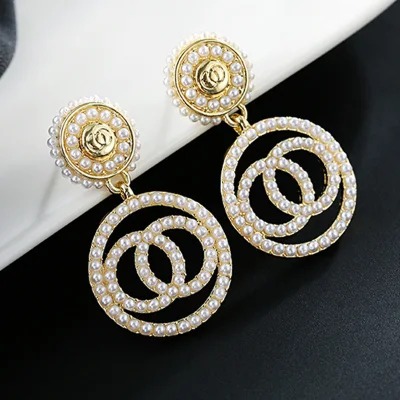 925 Needles Hollow Earring Girls Ladies White Pearl Pendant Jewelry Accessories Luxury Full Rhinestone C Shape Long Earring