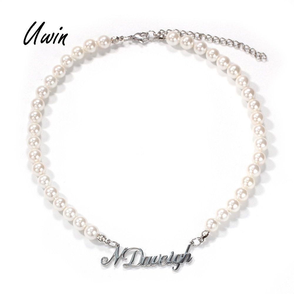 New Name Plate Charm Pearl Choker Chain Necklace Personalized Women Men Hip Hop Jewelry