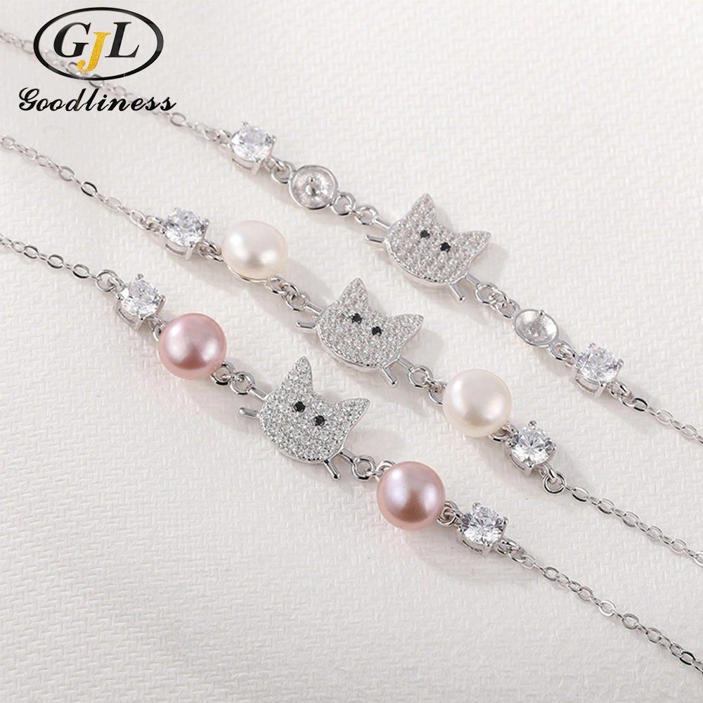 Kpop Style Freshwater Pearl Cat Bracelet for Girls Silver 925