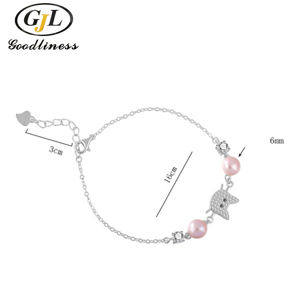 Kpop Style Freshwater Pearl Cat Bracelet for Girls Silver 925