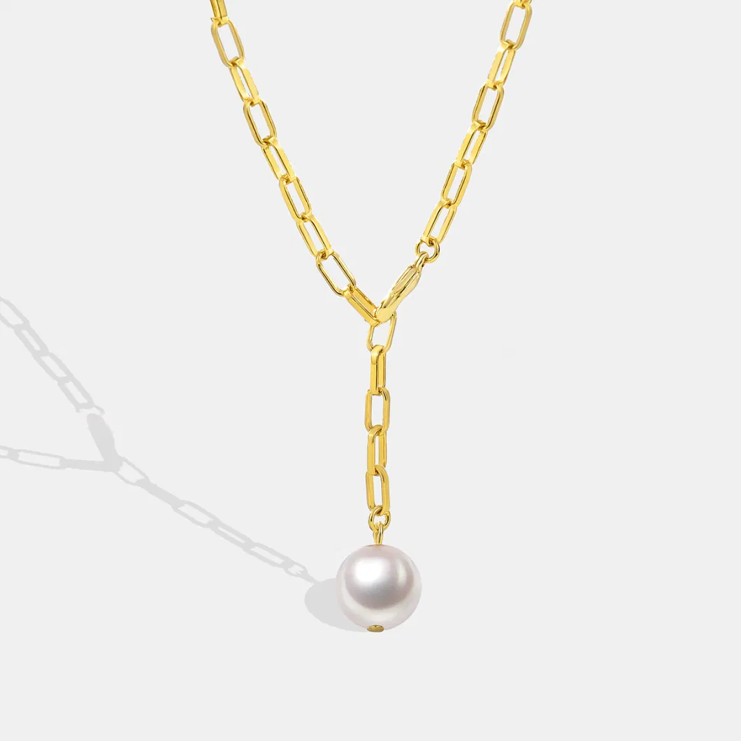 Fashion Gold Plated Brass Freshwater Pearl Pendant Y Shaped Paper Clip Link Chain Necklace for Women