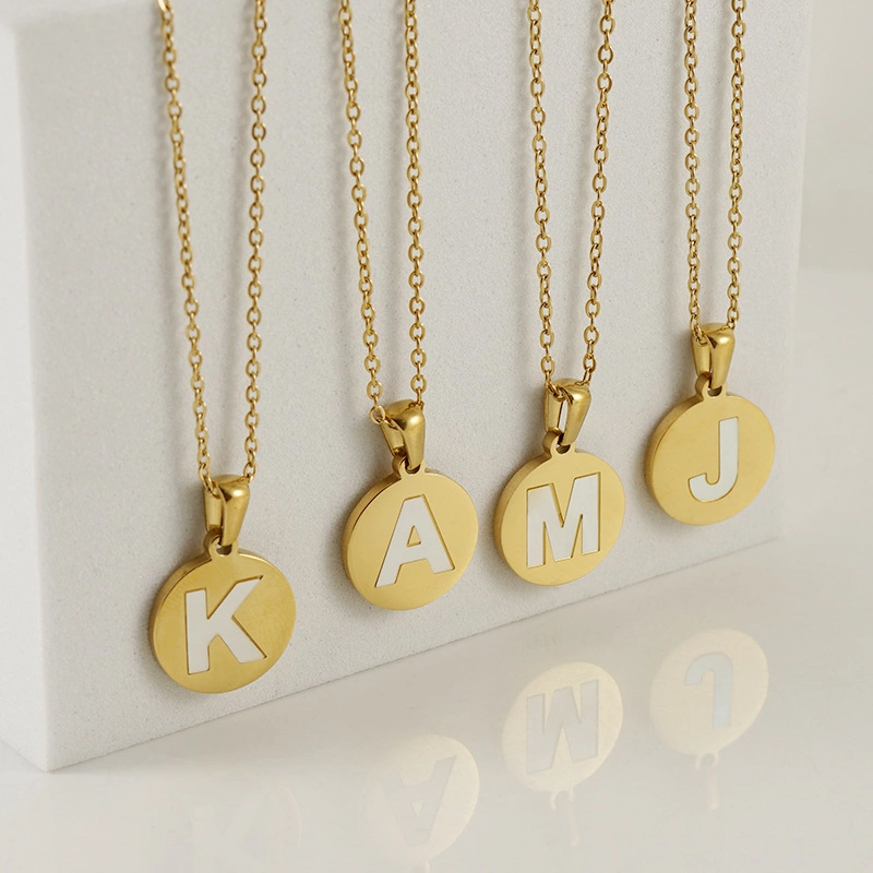 Fashion a to Z Letter Charms Stainless Steel Initials 18K Gold Plated Jewelry Round Shape Alphabet Pendant Necklace for Women