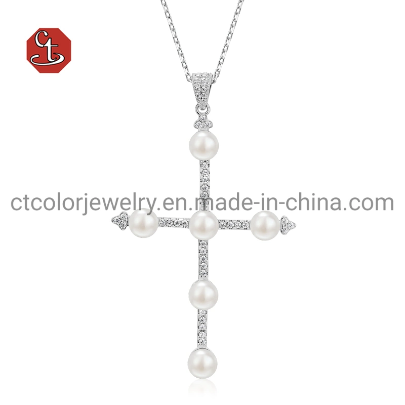 Fashion Jewelry 925 Silver Chain Baroque Pearl Green CZ Necklace for Women