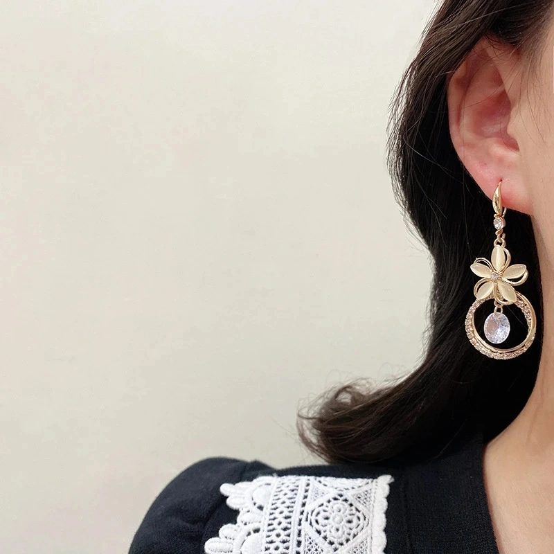 Korean Crystal Zircon Flower Pendant Earrings Fashion Party Jewelry