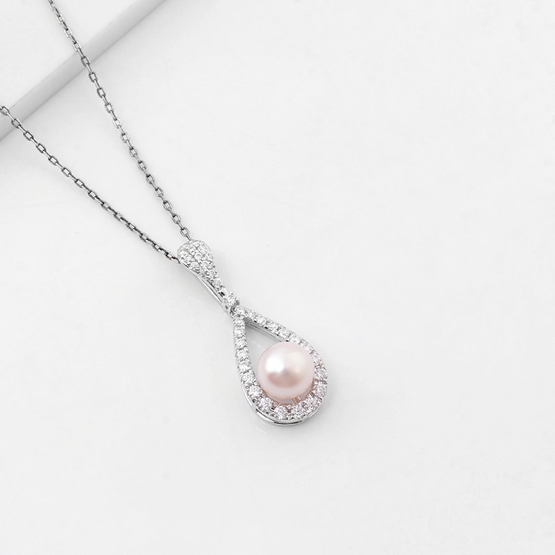Diamond Pearl Necklace 14K White Gold Pearl Necklace Genuine Freshwater Pearl Dangle Pendant Bridal Wedding Jewelry