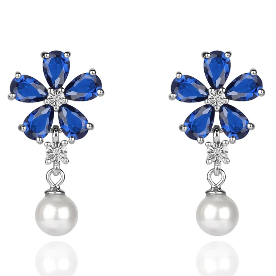 Beautiful Silver Jewelry Fancy Flower Pearl Earring Mixed with Sapphire CZ