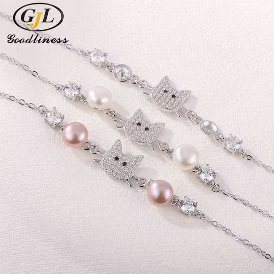 Kpop Style Freshwater Pearl Cat Bracelet for Girls Silver 925