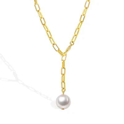 Fashion Gold Plated Brass Freshwater Pearl Pendant Y Shaped Paper Clip Link Chain Necklace for Women